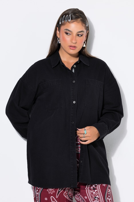 Jeanshemd, oversized, Knopfleisten-Stickerei