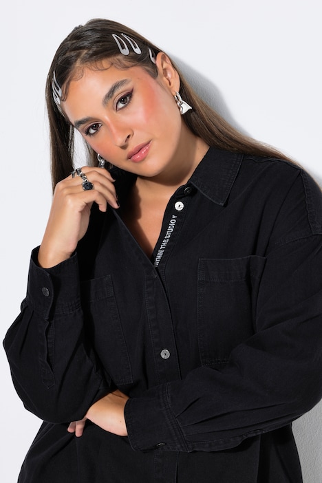 Jeanshemd, oversized, Knopfleisten-Stickerei