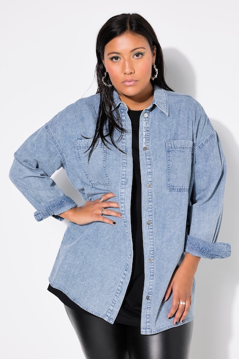 Denim Embroidered Lettering Blouse