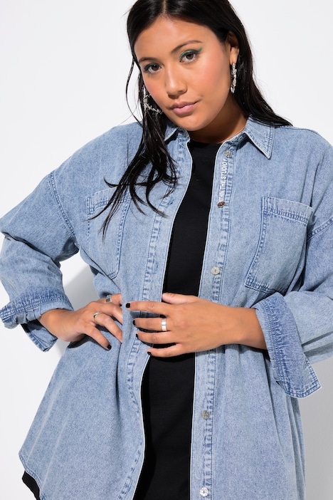 Denim Embroidered Lettering Blouse