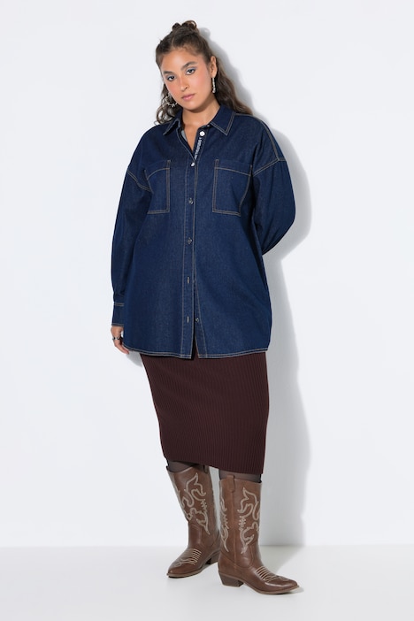 Jeanshemd, oversized, Knopfleisten-Stickerei