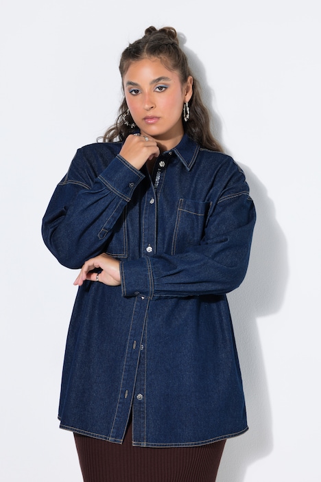 Jeanshemd, oversized, Knopfleisten-Stickerei
