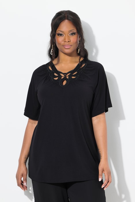 Cutout Neckline Short Sleeve Stretch-Fit Blouse