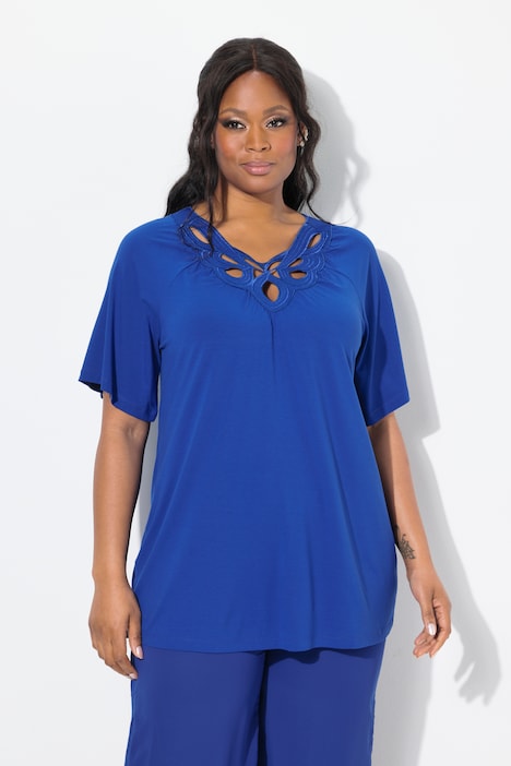 Cutout Neckline Short Sleeve Stretch-Fit Blouse