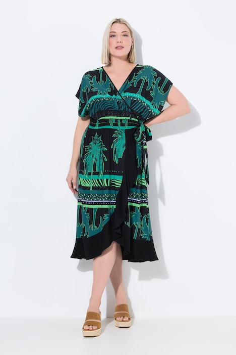 Caftan motif jungle, décolleté rond et manches courtes