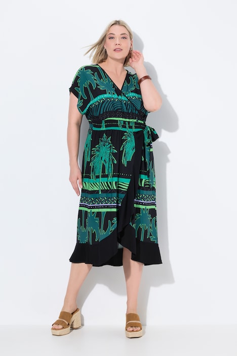 Caftan motif jungle, décolleté rond et manches courtes