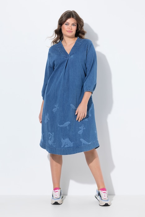 Robe denim à col en V et manches 3/4