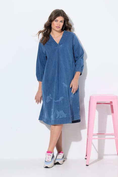 Robe denim à col en V et manches 3/4