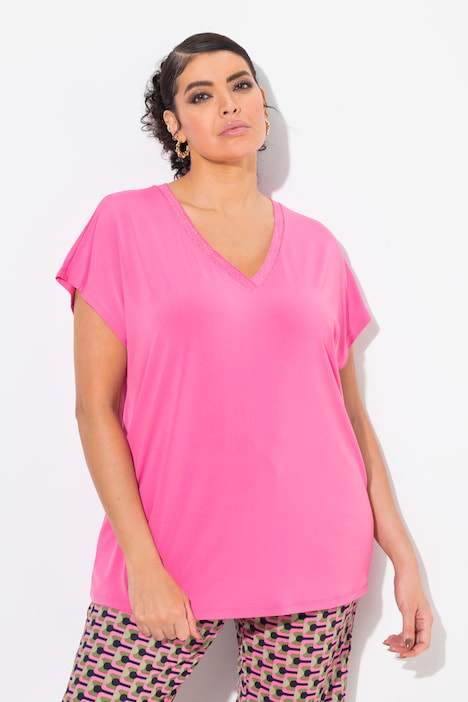 Glitter Trim Cap Sleeve V-Neck Tee