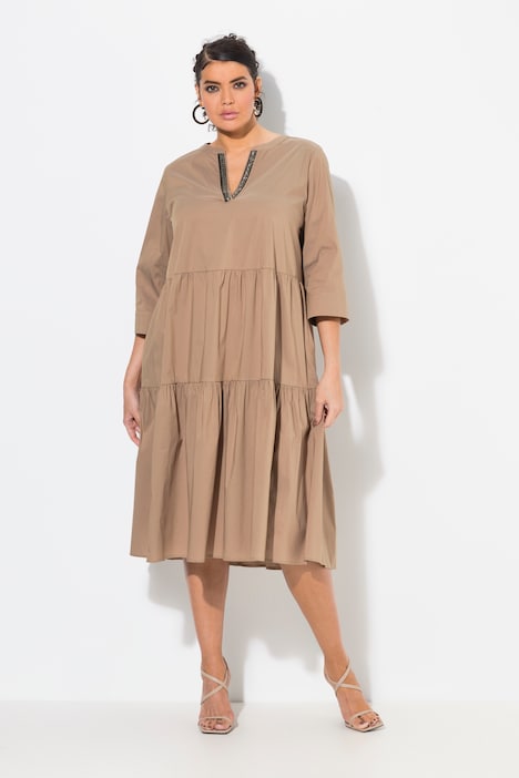 Tiered Flounce Panel 3/4 Sleeve Midi Dress