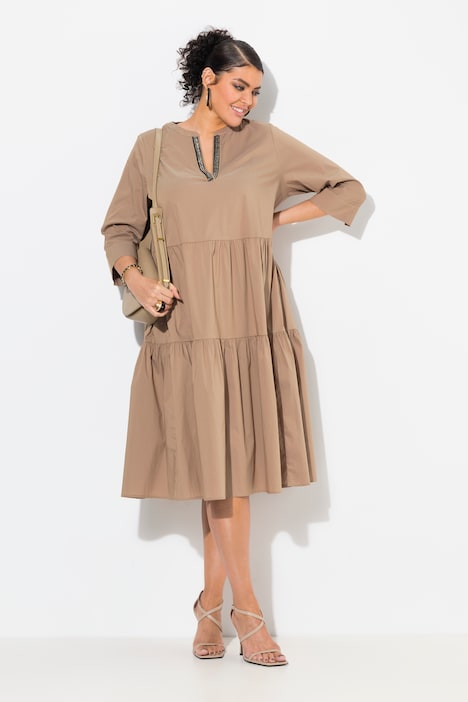 Tiered Flounce Panel 3/4 Sleeve Midi Dress