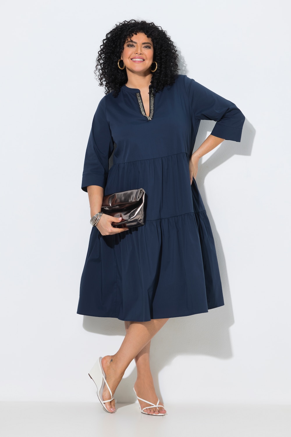Midikleid, Volants, A-Linie, Tunika-Ausschnitt, 3/4-Arm