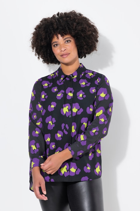 Blouse, A-lijn, gekleurd luipaardpatroon, lange mouw