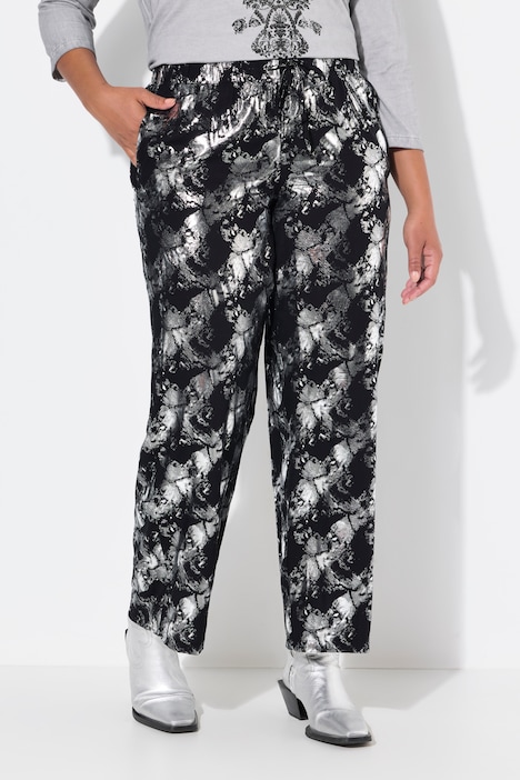 Broek, rechte pijp, metallic print, elastische tailleband