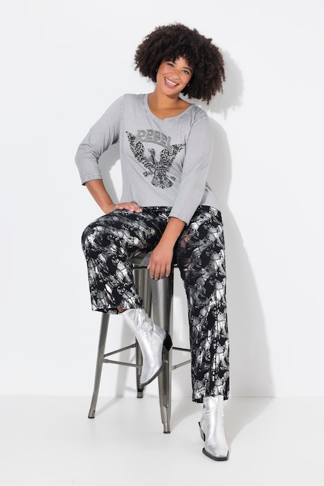 Broek, rechte pijp, metallic print, elastische tailleband