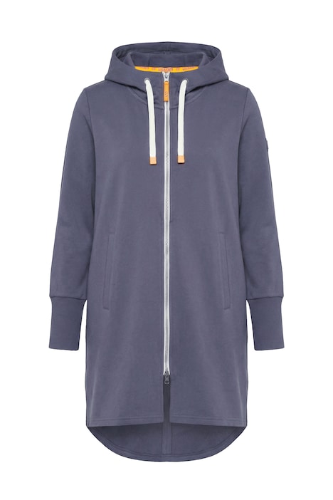 Mikina, dlouhý střih, kapuce, stahování v pase vzadu, dlouhé rukávy