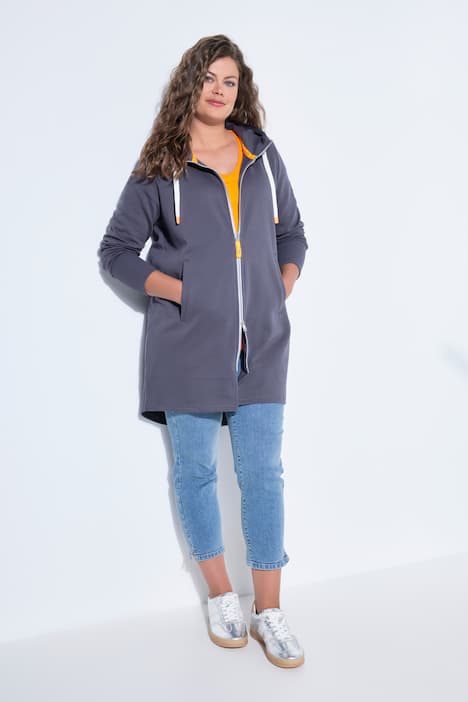 Sweatjacke, lang geschnitten, Kapuze, Taillen-Tunnelzug hinten, Langarm