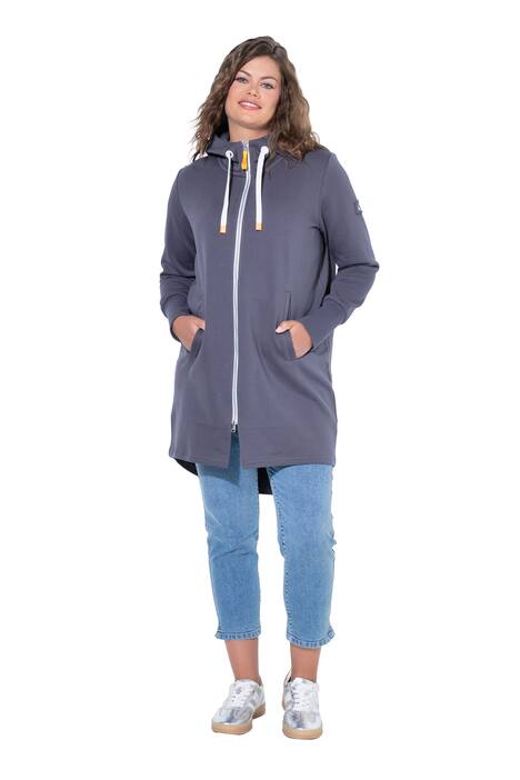 Mikina, dlouhý střih, kapuce, stahování v pase vzadu, dlouhé rukávy