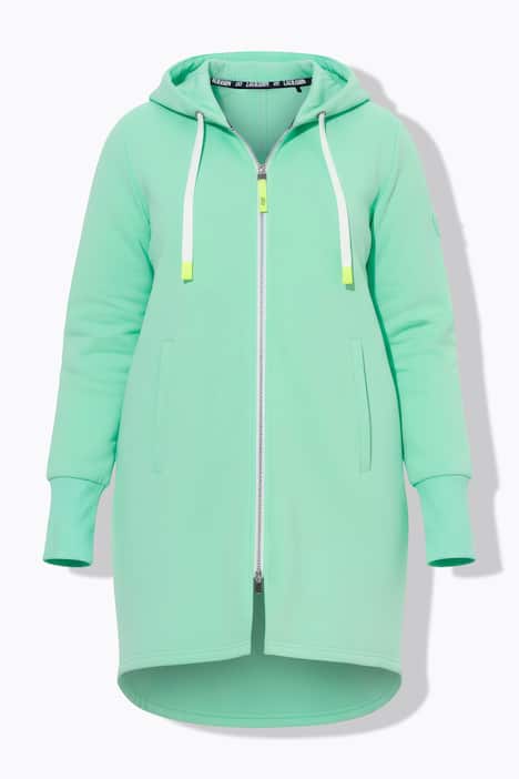 Bluza rozpinana, długi krój, kaptur, sznurek ściągający z tyłu w talii, długie rękawy