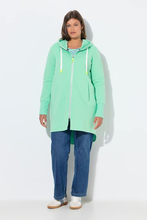 Bluza rozpinana, długi krój, kaptur, sznurek ściągający z tyłu w talii, długie rękawy