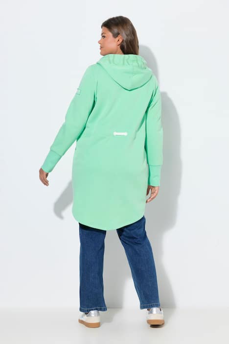 Bluza rozpinana, długi krój, kaptur, sznurek ściągający z tyłu w talii, długie rękawy