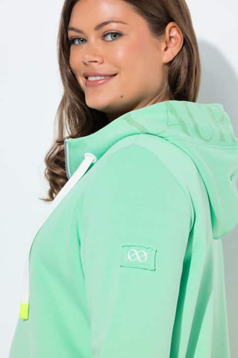 Bluza rozpinana, długi krój, kaptur, sznurek ściągający z tyłu w talii, długie rękawy