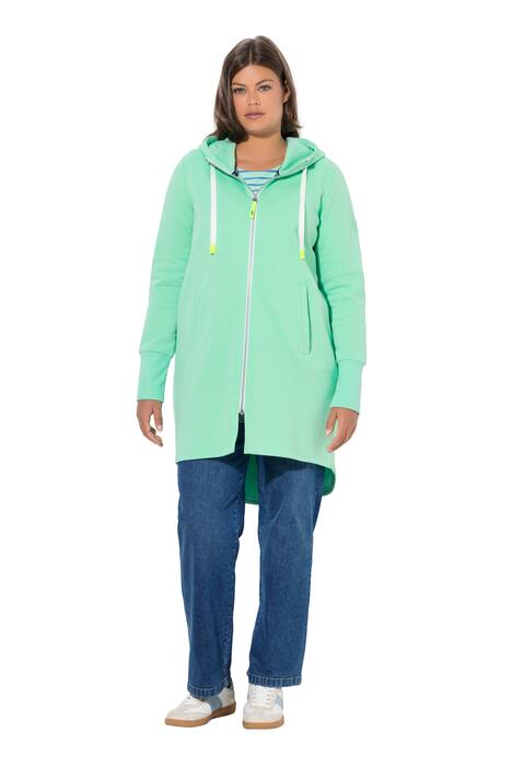 Mikina, dlouhý střih, kapuce, stahování v pase vzadu, dlouhé rukávy