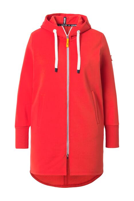 Mikina, dlouhý střih, kapuce, stahování v pase vzadu, dlouhé rukávy