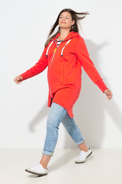 Sweatjacke, lang geschnitten, Kapuze, Taillen-Tunnelzug hinten, Langarm