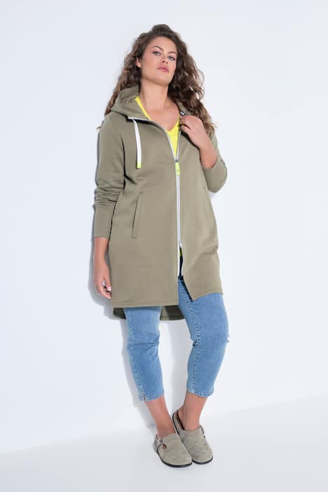 Sweatjacke, lang geschnitten, Kapuze, Taillen-Tunnelzug hinten, Langarm