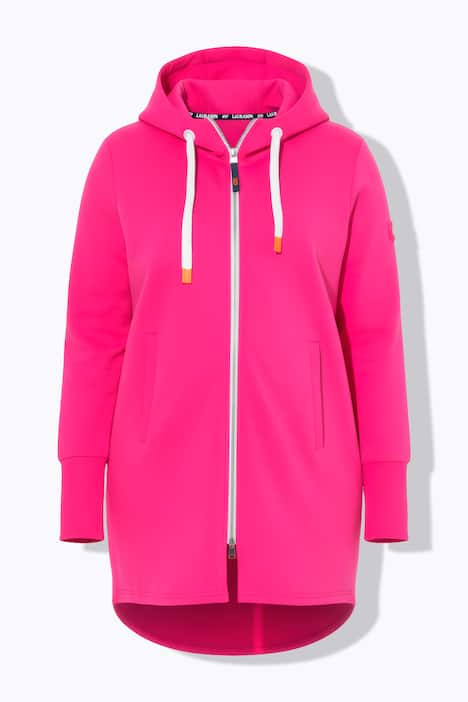 Bluza rozpinana, długi krój, kaptur, sznurek ściągający z tyłu w talii, długie rękawy