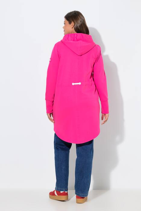 Bluza rozpinana, długi krój, kaptur, sznurek ściągający z tyłu w talii, długie rękawy