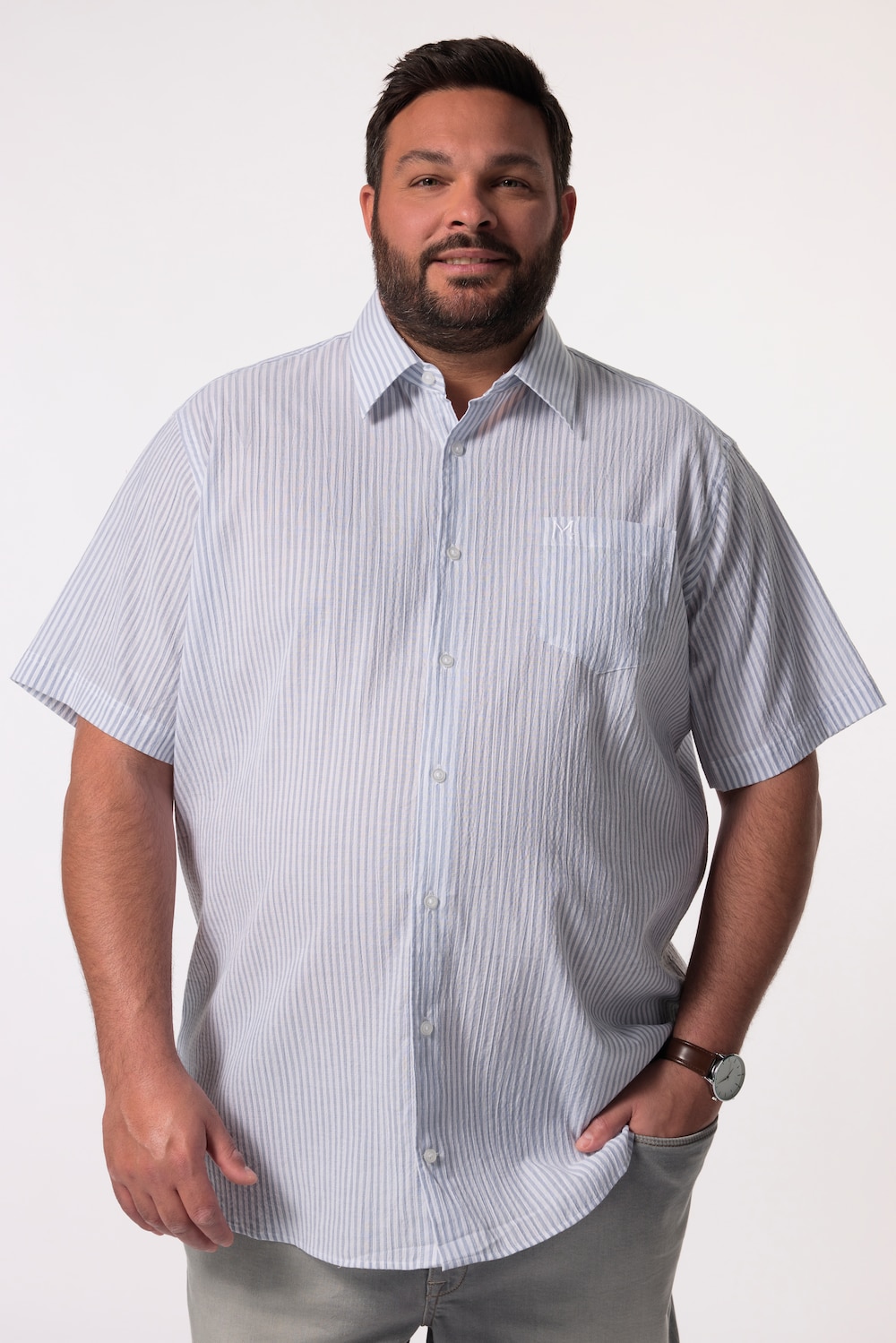 Men+ gestreept overhemd, korte mouwen, seersucker, kentkraag, Comfort Fit, tot 8XL