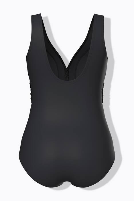 Maillot de bain à bonnets souples. Anneau fantaisie. Dos plongeant