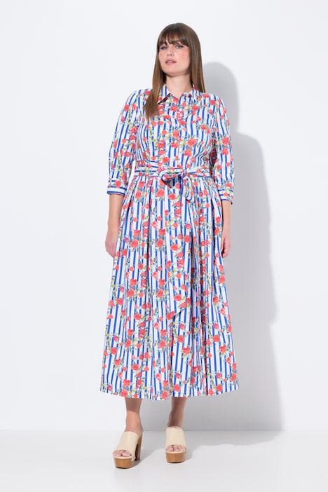 Striped Floral Print 3/4 Sleeve Button Down Maxi Dress