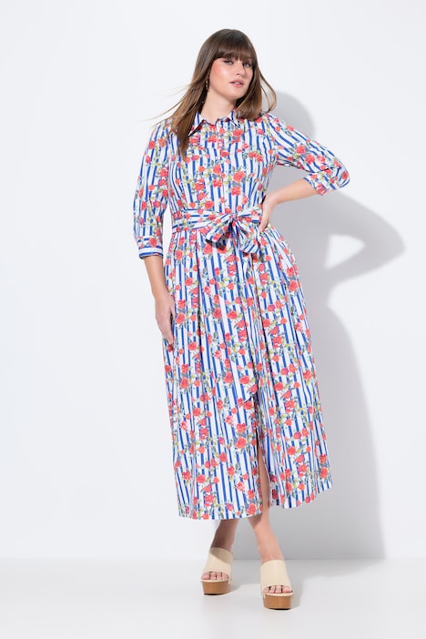 Striped Floral Print 3/4 Sleeve Button Down Maxi Dress