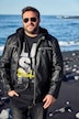 Men+ bikerjakke, skinnlook, hette i jersey, opptil 8 XL