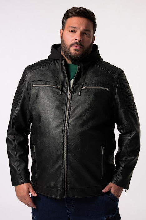 Men+ bikerjas, leerlook, jersey capuchon, tot 8XL