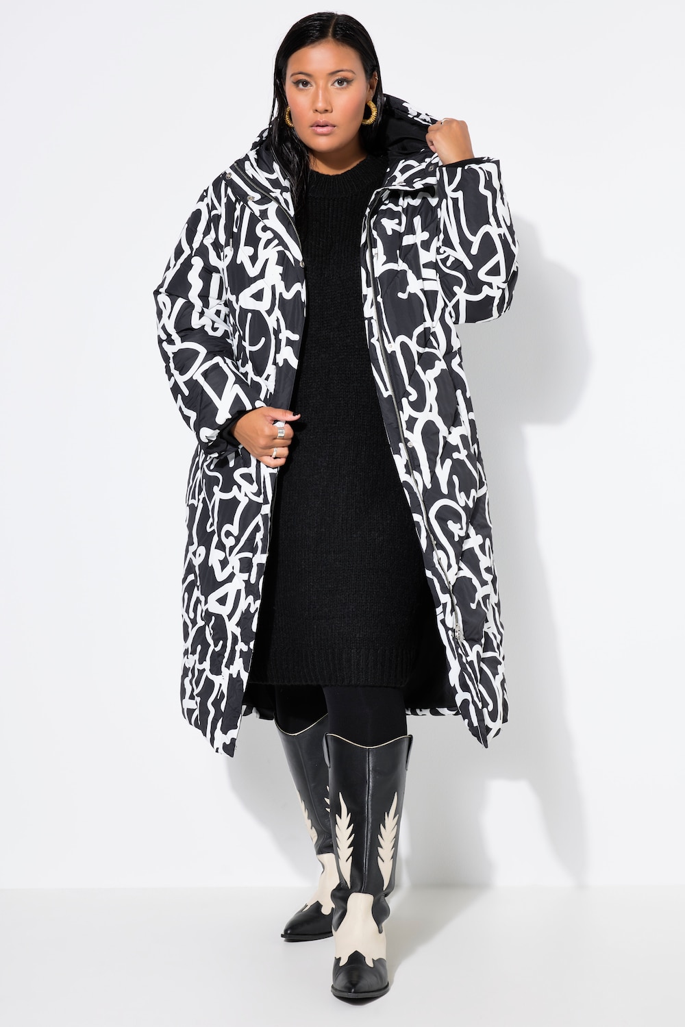 Steppmantel, oversized, Kapuze, 2-Wege-Zipper