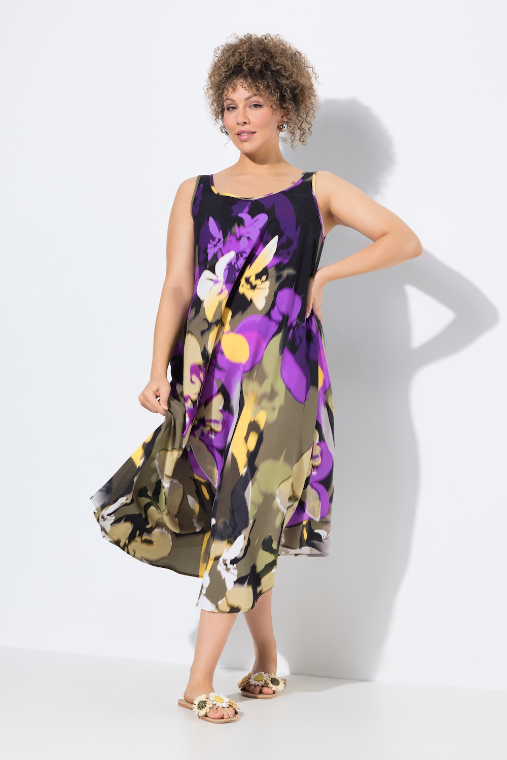 Midi-jurk, bloemen, A-lijn, ronde hals, mouwloos