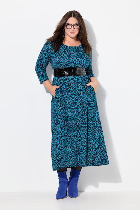 Damask Print 3/4 Sleeve Jersey Dress