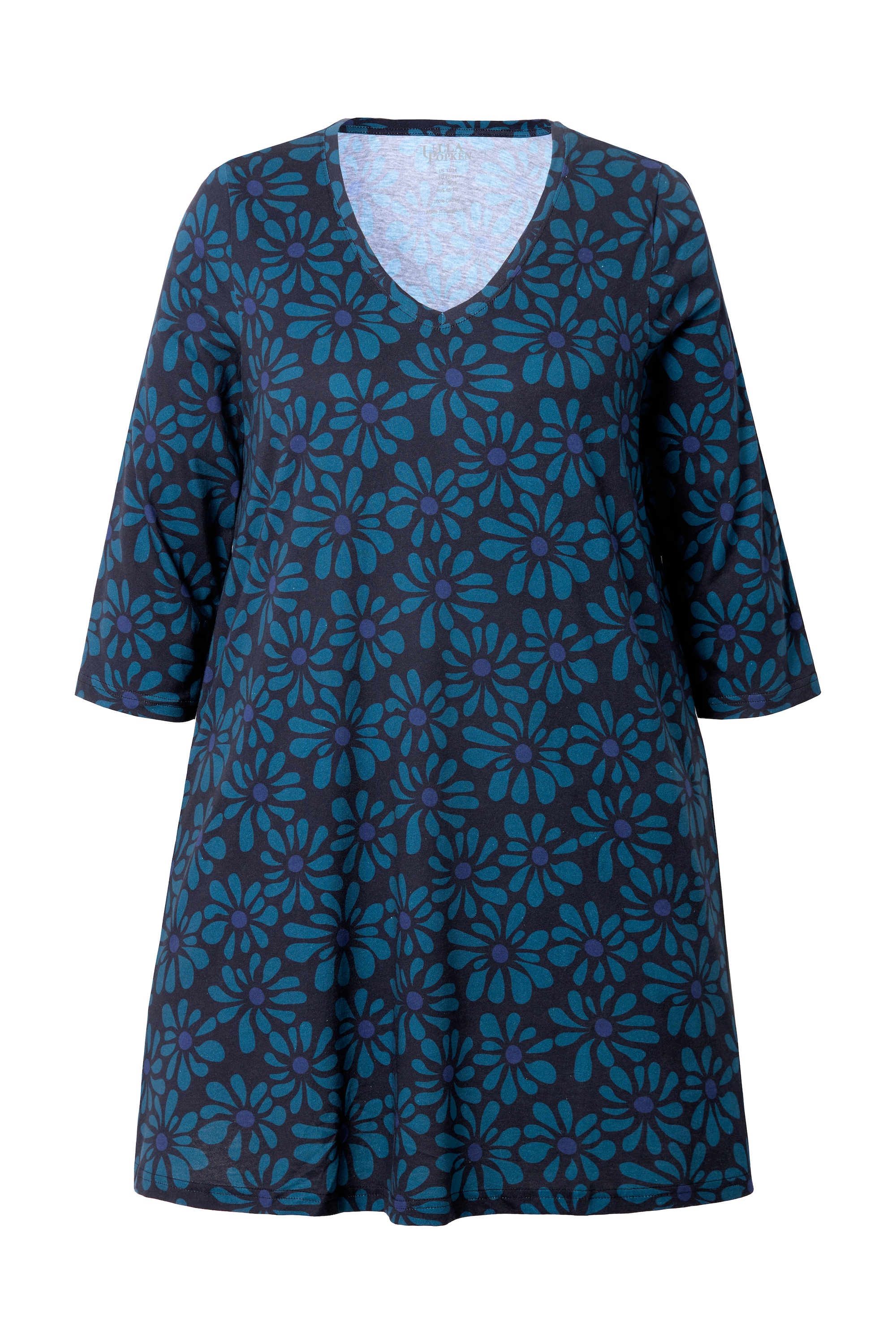 Ulla Popken Damen große Größen Longshirt Blüten A Linie V Ausschnitt