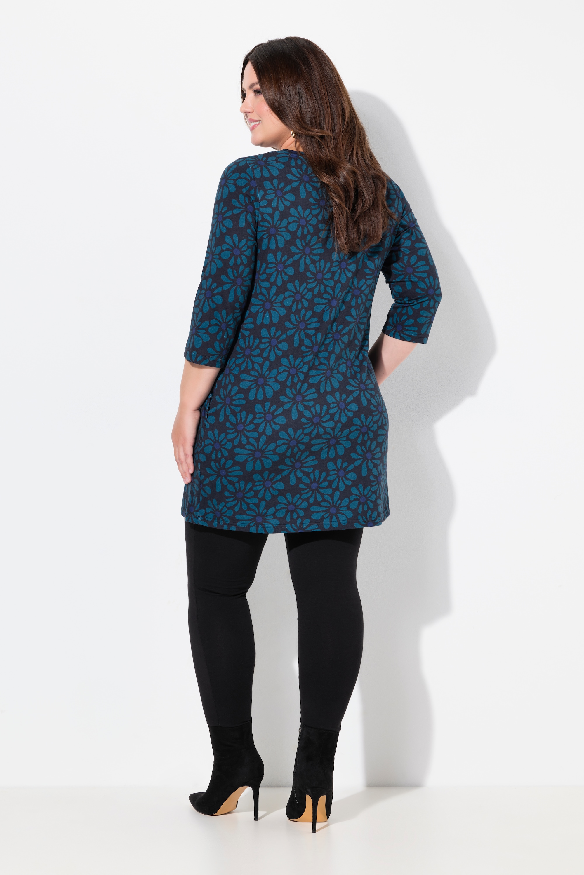 Ulla Popken Damen große Größen Longshirt Blüten A Linie V Ausschnitt