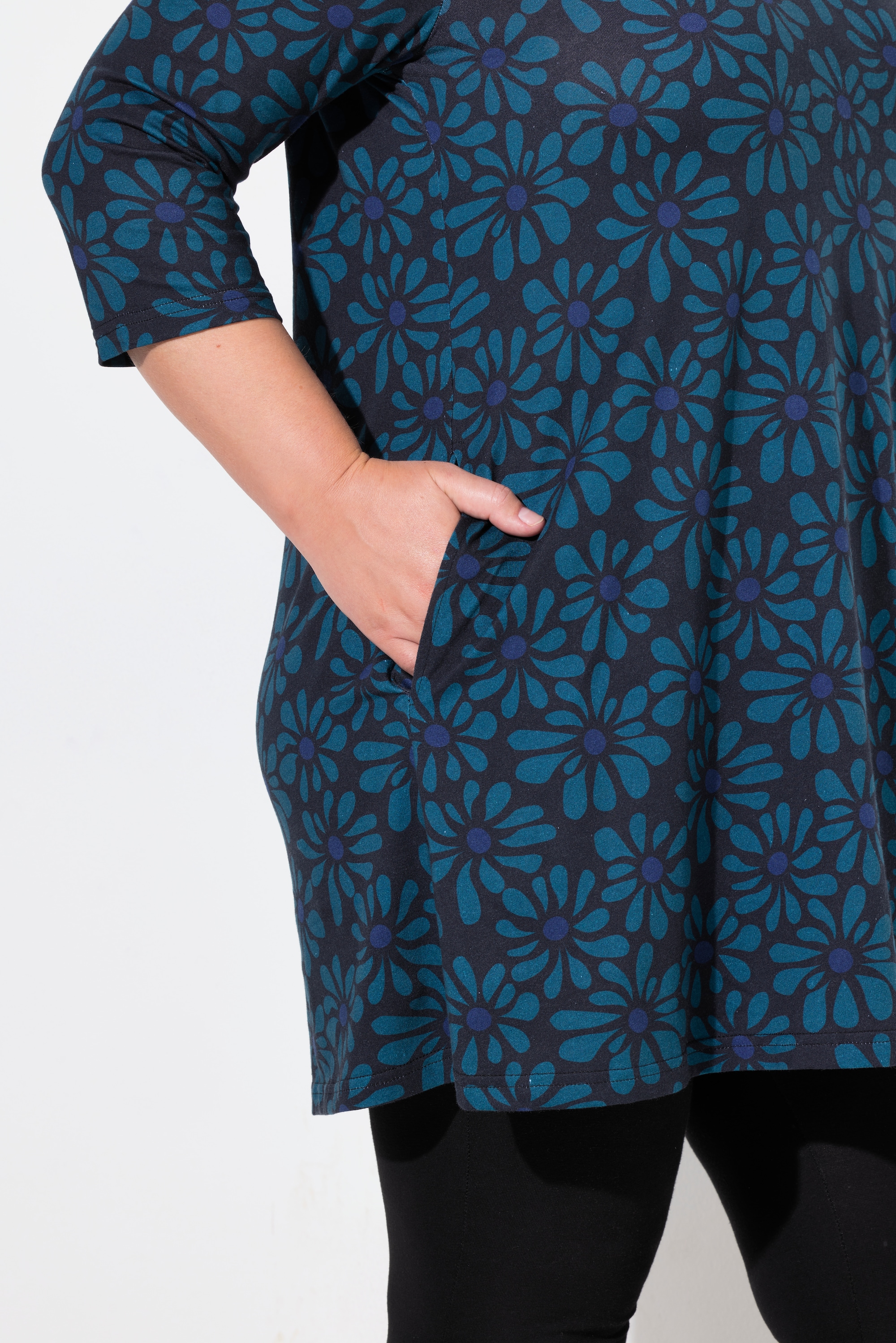 Ulla Popken Damen große Größen Longshirt Blüten A Linie V Ausschnitt