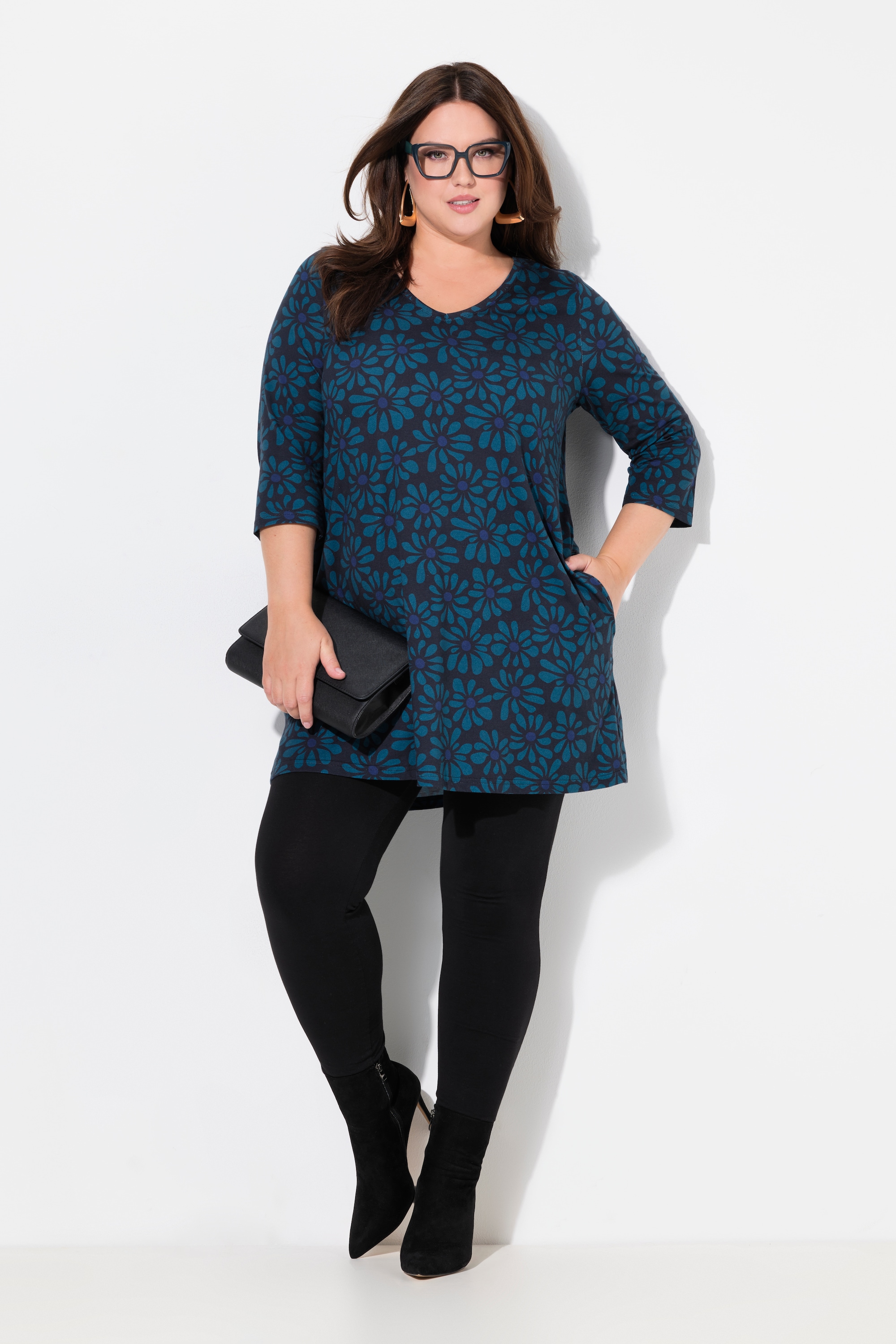 Ulla Popken Damen große Größen Longshirt Blüten A Linie V Ausschnitt