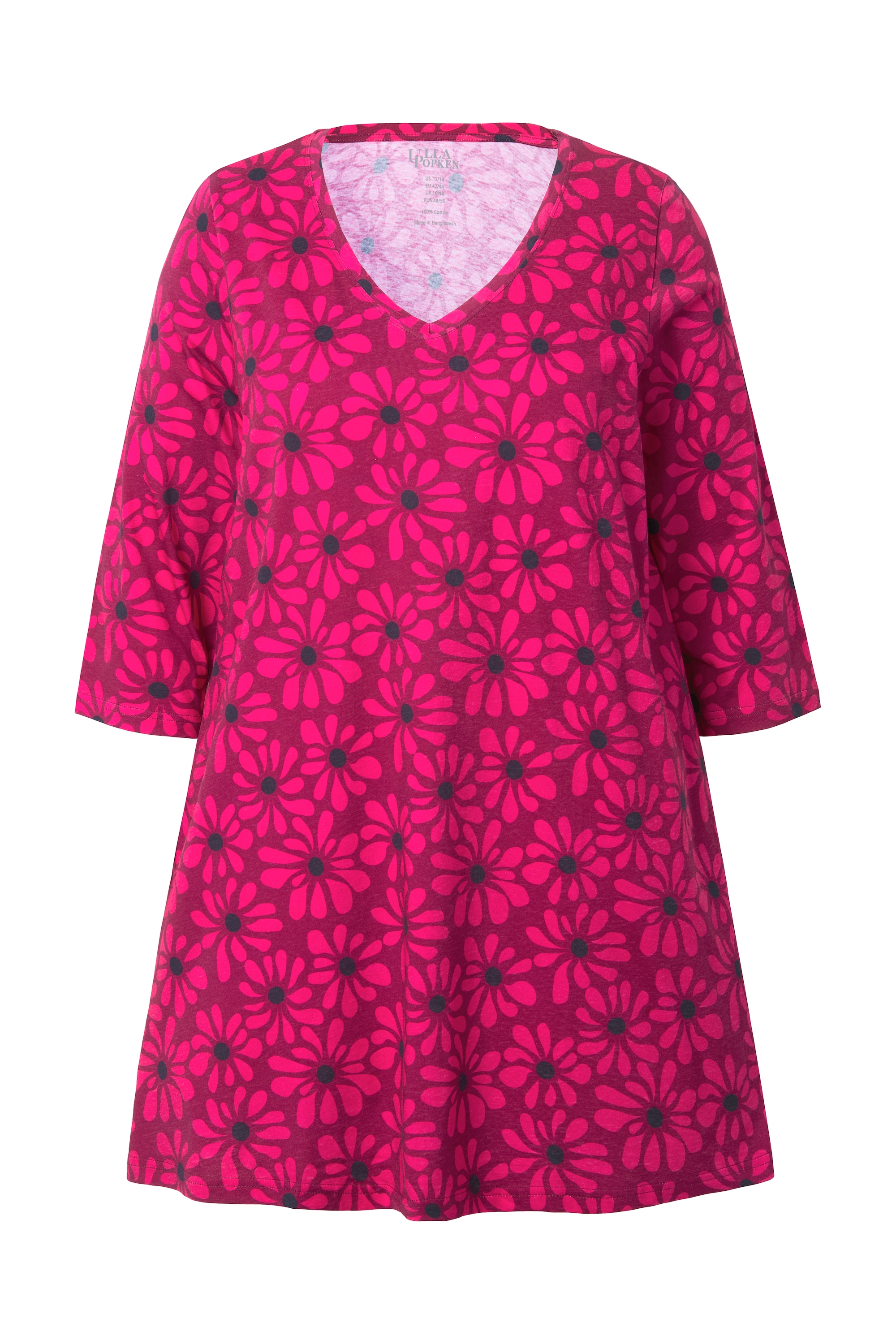 Ulla Popken Damen große Größen Longshirt Blüten A Linie V Ausschnitt