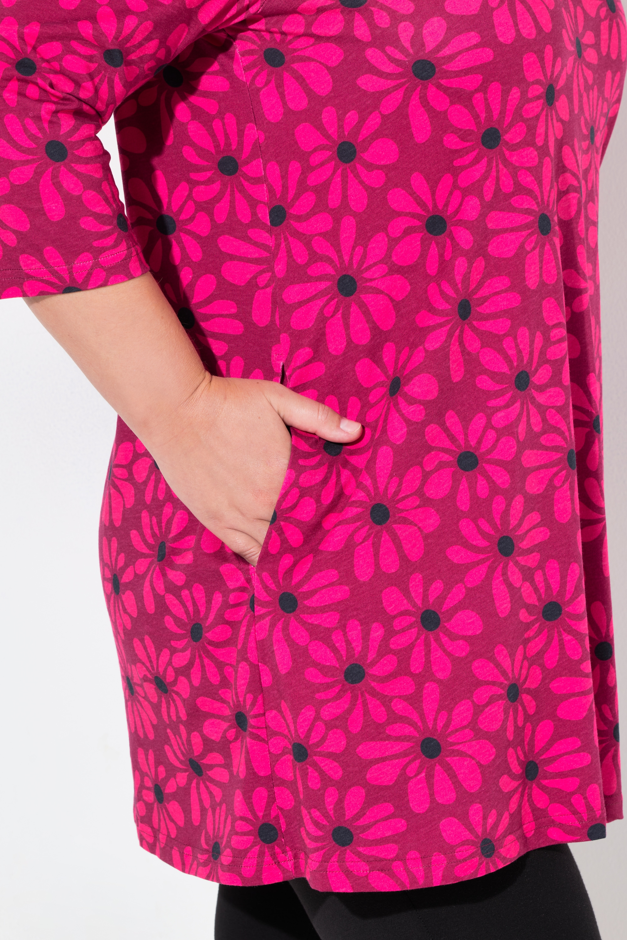 Ulla Popken Damen große Größen Longshirt Blüten A Linie V Ausschnitt