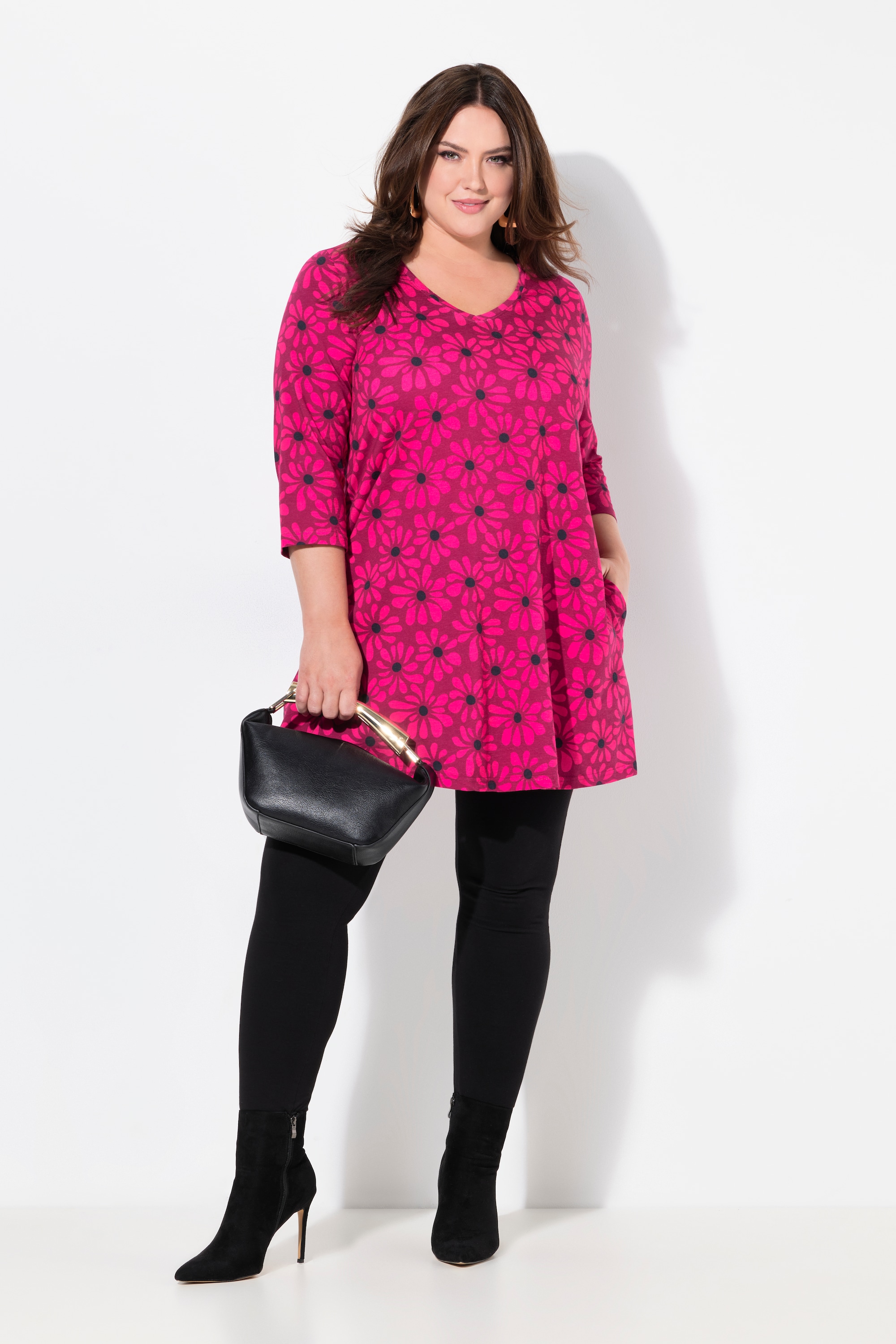 Ulla Popken Damen große Größen Longshirt Blüten A Linie V Ausschnitt