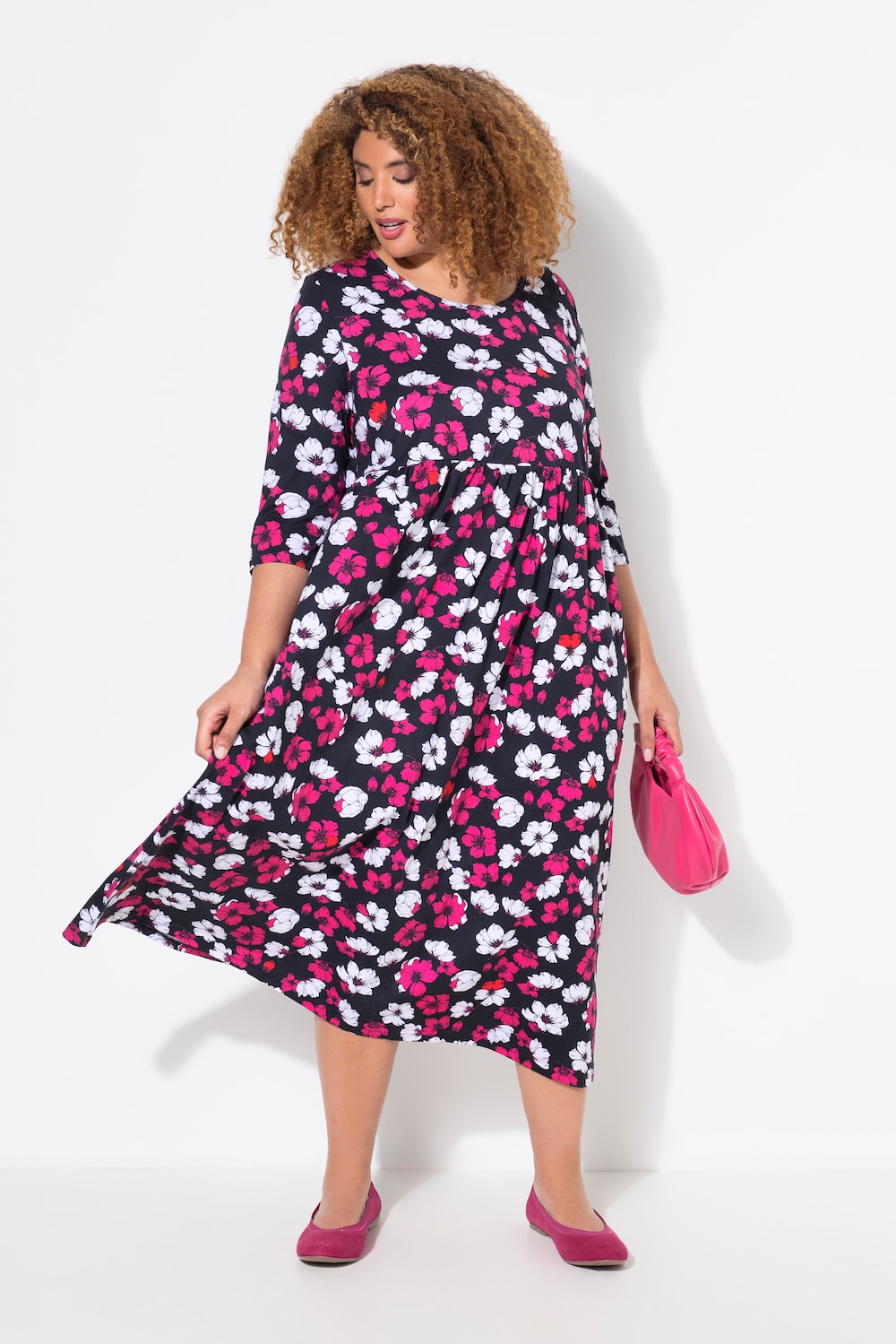 Jerseykleid, Blüten, A-Linie, Runhals, 3/4-Arm, Taschen