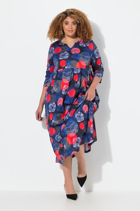 Abstract Floral Print 3/4 Sleeve Jersey Swing Empire Dress